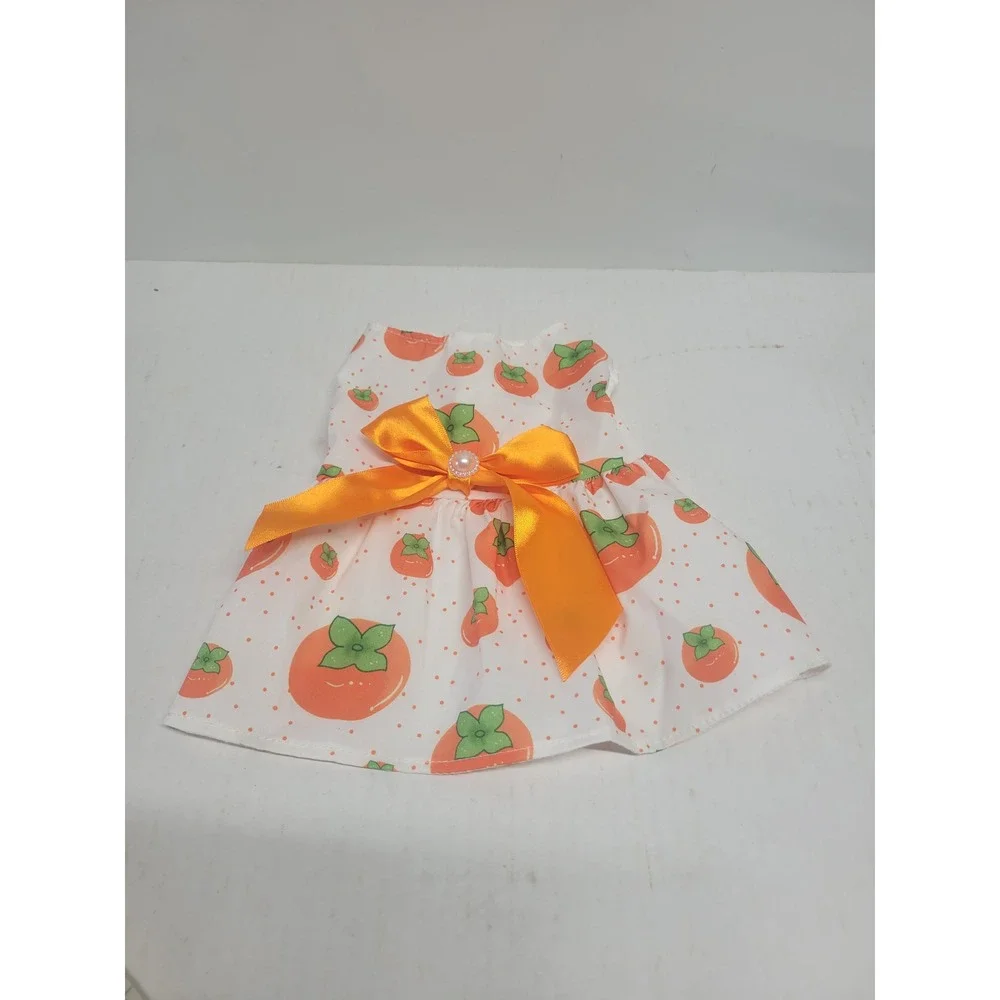 Small Pet Dress‎ Persimmon Fruit Print Orange Satin Bow White Polka Dot Size S